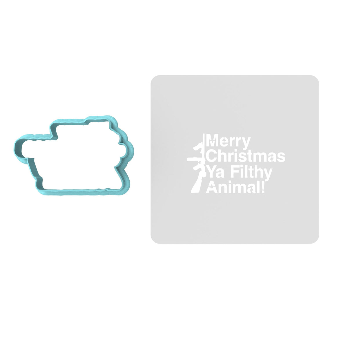 Merry Christmas Ya Filthy Animal Gun Cookie Cutter | Stamp | Stencil Xmas / Winter / NYE Cookie Cutter Lady TEENY - 1 Inch (2.5cm) **BUNDLE** Cutter + Stencil 