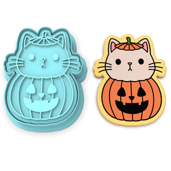 Pumpkin Cat Cookie Cutter | Stamp | Stencil #1 Halloween / Fall Cookie Cutter Lady 2 Inch Small Cupcake Cutter + Stamp No