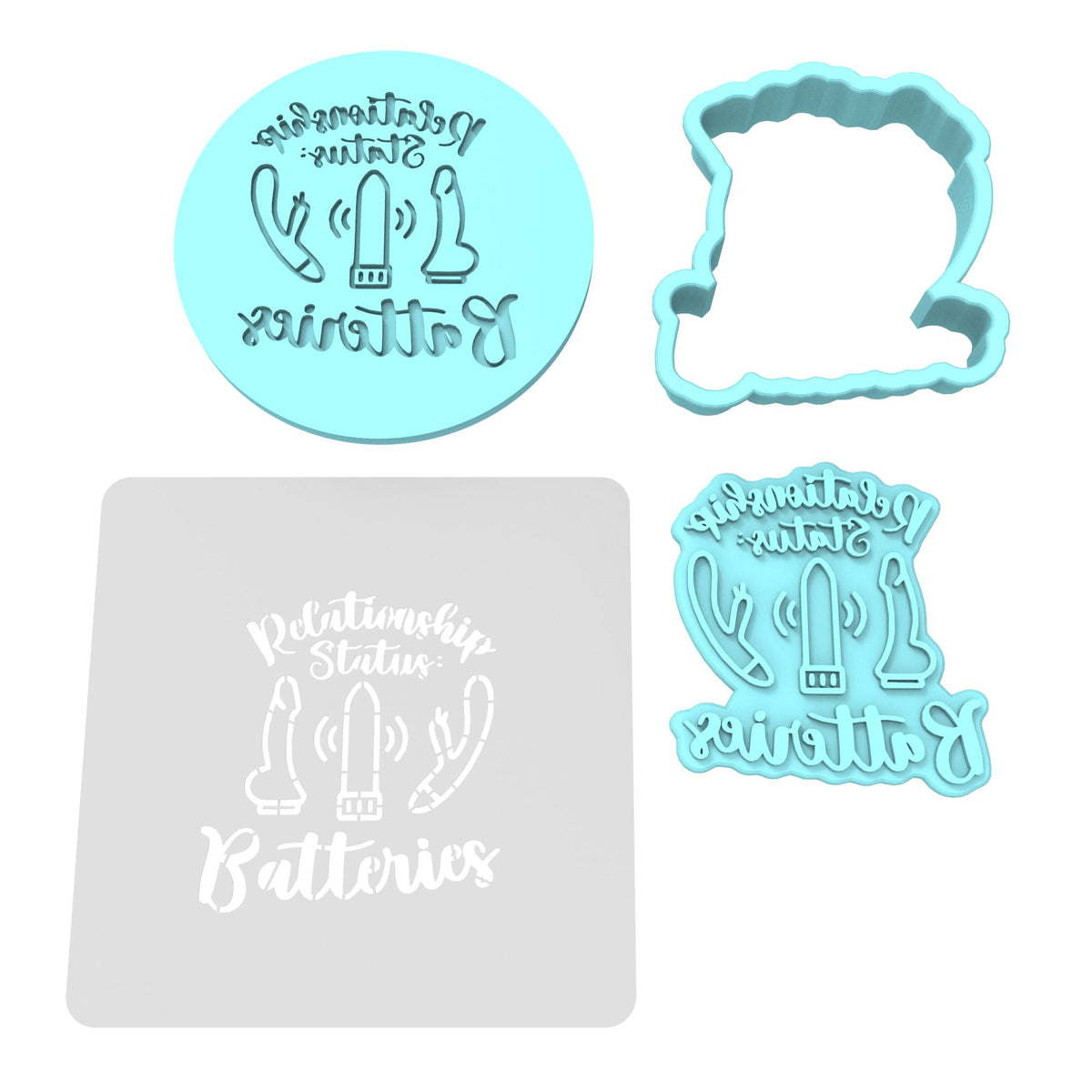 Relationship Status: Batteries Toys Cookie Cutter | Stamp | Stencil Bachelorette & Bachelor Cookie Cutter Lady MINI - 2 Inches (5cm) **FULL SET BUNDLE** Cutter + Stamp + Stencil + Debosser **BEST DEAL** 
