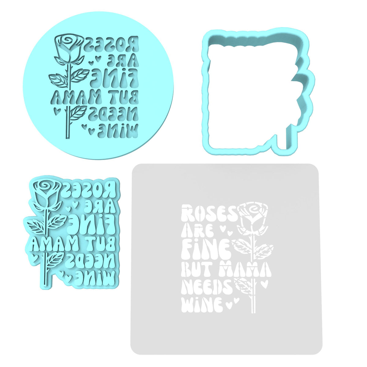 Roses are Fine but Mama Needs Wine Cookie Cutter | Stamp | Stencil Wedding / Baby / V Day Cookie Cutter Lady MINI - 2 Inches (5cm) **FULL SET BUNDLE** Cutter + Stamp + Stencil + Debosser **BEST DEAL** 